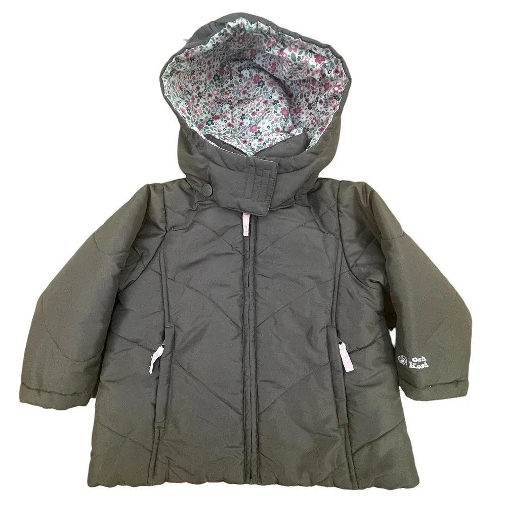 Oshkosh Girls Winter Peacoat Brown/Pink Size 4 Hooded Jacket‎ Removable Hood